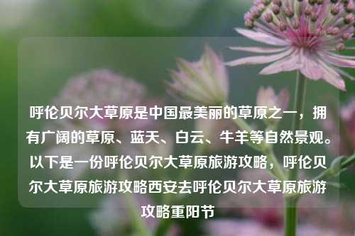 呼伦贝尔大草原是中国最美丽的草原之一，拥有广阔的草原、蓝天、白云、牛羊等自然景观。以下是一份呼伦贝尔大草原旅游攻略，呼伦贝尔大草原旅游攻略西安去呼伦贝尔大草原旅游攻略重阳节