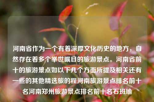 河南省作为一个有着深厚文化历史的地方，自然存在着多个举世瞩目的旅游景点。河南省前十的旅游景点如以下几个方面所提及相关还有一些的其他精选旅的程河南旅游景点排名前十名河南郑州旅游景点排名前十名石班瑜