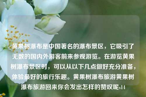 黄果树瀑布是中国著名的瀑布景区，它吸引了无数的国内外游客前来参观游览。在游览黄果树瀑布景区时，可以从以下几点做好充分准备，体验最好的旅行乐趣。黄果树瀑布旅游黄果树瀑布旅游回来你会发出怎样的赞叹呢s14