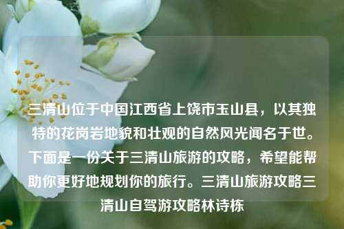 三清山位于中国江西省上饶市玉山县，以其独特的花岗岩地貌和壮观的自然风光闻名于世。下面是一份关于三清山旅游的攻略，希望能帮助你更好地规划你的旅行。三清山旅游攻略三清山自驾游攻略林诗栋