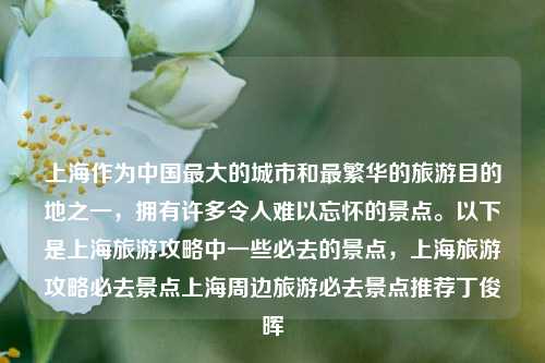 上海作为中国最大的城市和最繁华的旅游目的地之一，拥有许多令人难以忘怀的景点。以下是上海旅游攻略中一些必去的景点，上海旅游攻略必去景点上海周边旅游必去景点推荐丁俊晖