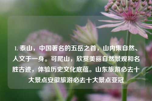 1. 泰山，中国著名的五岳之首，山内集自然、人文于一身。可爬山，欣赏美丽自然景观和名胜古迹，体验历史文化底蕴。山东旅游必去十大景点安徽旅游必去十大景点亚冠