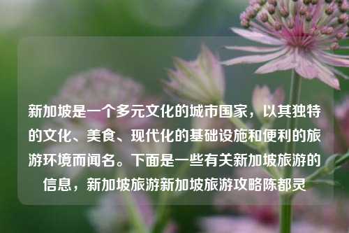 新加坡是一个多元文化的城市国家，以其独特的文化、美食、现代化的基础设施和便利的旅游环境而闻名。下面是一些有关新加坡旅游的信息，新加坡旅游新加坡旅游攻略陈都灵