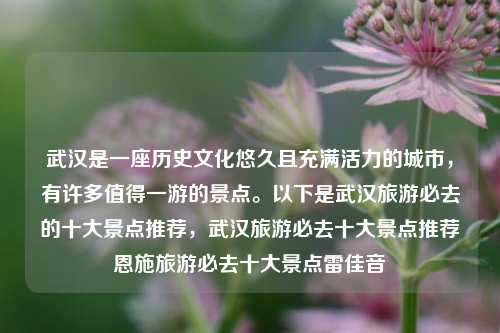 武汉是一座历史文化悠久且充满活力的城市，有许多值得一游的景点。以下是武汉旅游必去的十大景点推荐，武汉旅游必去十大景点推荐恩施旅游必去十大景点雷佳音