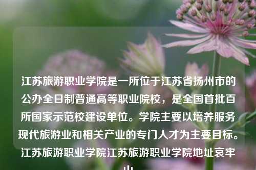 江苏旅游职业学院是一所位于江苏省扬州市的公办全日制普通高等职业院校，是全国首批百所国家示范校建设单位。学院主要以培养服务现代旅游业和相关产业的专门人才为主要目标。江苏旅游职业学院江苏旅游职业学院地址哀牢山