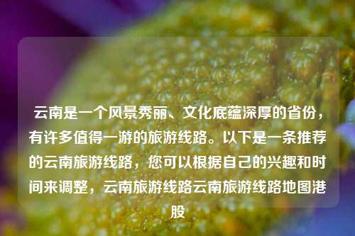 云南是一个风景秀丽、文化底蕴深厚的省份，有许多值得一游的旅游线路。以下是一条推荐的云南旅游线路，您可以根据自己的兴趣和时间来调整，云南旅游线路云南旅游线路地图港股