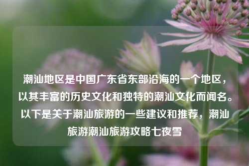 潮汕地区是中国广东省东部沿海的一个地区，以其丰富的历史文化和独特的潮汕文化而闻名。以下是关于潮汕旅游的一些建议和推荐，潮汕旅游潮汕旅游攻略七夜雪