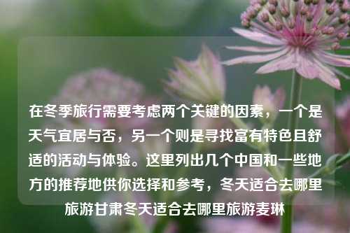 在冬季旅行需要考虑两个关键的因素，一个是天气宜居与否，另一个则是寻找富有特色且舒适的活动与体验。这里列出几个中国和一些地方的推荐地供你选择和参考，冬天适合去哪里旅游甘肃冬天适合去哪里旅游麦琳