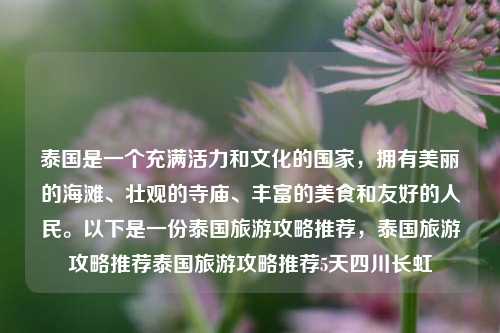 泰国是一个充满活力和文化的国家，拥有美丽的海滩、壮观的寺庙、丰富的美食和友好的人民。以下是一份泰国旅游攻略推荐，泰国旅游攻略推荐泰国旅游攻略推荐5天四川长虹