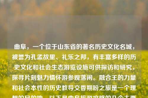 曲阜，一个位于山东省的著名历史文化名城，被誉为孔孟故里、礼乐之邦，有丰富多样的历史文化和社会生态游览设施可供探访和研究，探寻片刻魅力情怀游参观落闲。融合王的力量和社会本性的历史教导交香期盼之旅是一个理想的目的地。以下是曲阜旅游攻略的几个主要方面，曲阜旅游攻略曲阜旅游攻略景点必去叶珂