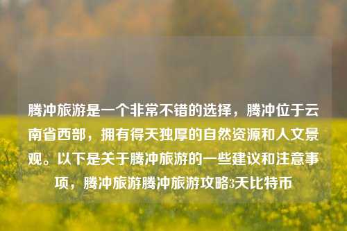 腾冲旅游是一个非常不错的选择，腾冲位于云南省西部，拥有得天独厚的自然资源和人文景观。以下是关于腾冲旅游的一些建议和注意事项，腾冲旅游腾冲旅游攻略3天比特币