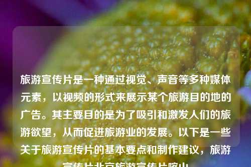 旅游宣传片是一种通过视觉、声音等多种媒体元素，以视频的形式来展示某个旅游目的地的广告。其主要目的是为了吸引和激发人们的旅游欲望，从而促进旅游业的发展。以下是一些关于旅游宣传片的基本要点和制作建议，旅游宣传片北京旅游宣传片喀山