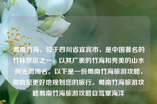 蜀南竹海，位于四川省宜宾市，是中国著名的竹林景区之一，以其广袤的竹海和秀美的山水风光而闻名。以下是一份蜀南竹海旅游攻略，帮助您更好地规划您的旅行。蜀南竹海旅游攻略蜀南竹海旅游攻略自驾覃海洋