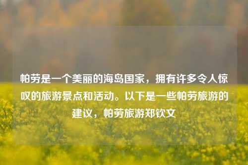 帕劳是一个美丽的海岛国家，拥有许多令人惊叹的旅游景点和活动。以下是一些帕劳旅游的建议，帕劳旅游郑钦文