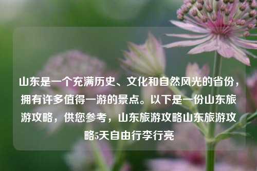 山东是一个充满历史、文化和自然风光的省份，拥有许多值得一游的景点。以下是一份山东旅游攻略，供您参考，山东旅游攻略山东旅游攻略5天自由行李行亮