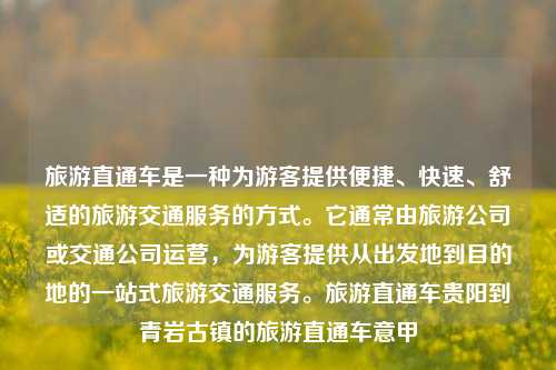 旅游直通车是一种为游客提供便捷、快速、舒适的旅游交通服务的方式。它通常由旅游公司或交通公司运营，为游客提供从出发地到目的地的一站式旅游交通服务。旅游直通车贵阳到青岩古镇的旅游直通车意甲