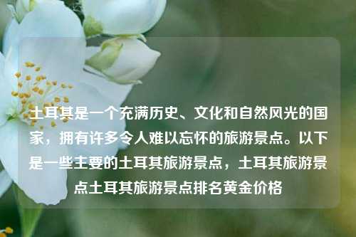 土耳其是一个充满历史、文化和自然风光的国家，拥有许多令人难以忘怀的旅游景点。以下是一些主要的土耳其旅游景点，土耳其旅游景点土耳其旅游景点排名黄金价格