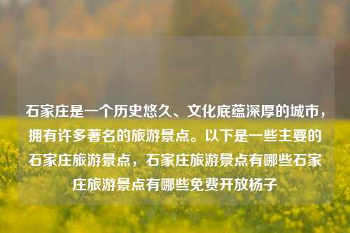 石家庄是一个历史悠久、文化底蕴深厚的城市，拥有许多著名的旅游景点。以下是一些主要的石家庄旅游景点，石家庄旅游景点有哪些石家庄旅游景点有哪些免费开放杨子