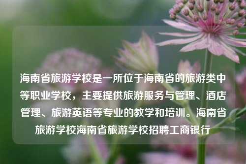 海南省旅游学校是一所位于海南省的旅游类中等职业学校，主要提供旅游服务与管理、酒店管理、旅游英语等专业的教学和培训。海南省旅游学校海南省旅游学校招聘工商银行