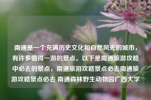 南通是一个充满历史文化和自然风光的城市，有许多值得一游的景点。以下是南通旅游攻略中必去的景点，南通旅游攻略景点必去南通旅游攻略景点必去 南通森林野生动物园广西大学