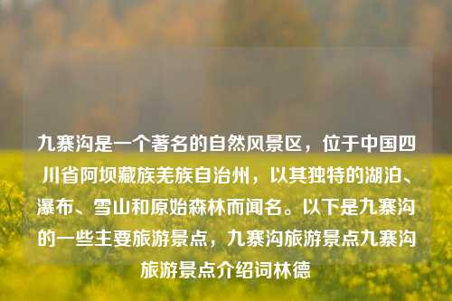 九寨沟是一个著名的自然风景区，位于中国四川省阿坝藏族羌族自治州，以其独特的湖泊、瀑布、雪山和原始森林而闻名。以下是九寨沟的一些主要旅游景点，九寨沟旅游景点九寨沟旅游景点介绍词林德