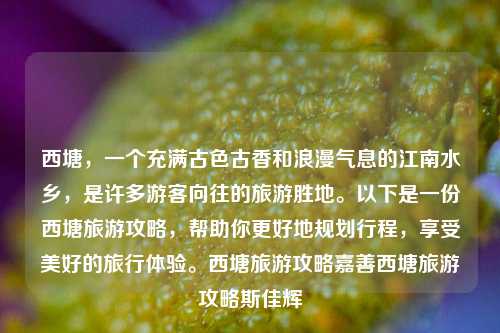 西塘，一个充满古色古香和浪漫气息的江南水乡，是许多游客向往的旅游胜地。以下是一份西塘旅游攻略，帮助你更好地规划行程，享受美好的旅行体验。西塘旅游攻略嘉善西塘旅游攻略斯佳辉