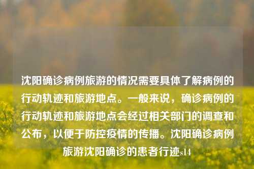 沈阳确诊病例旅游的情况需要具体了解病例的行动轨迹和旅游地点。一般来说，确诊病例的行动轨迹和旅游地点会经过相关部门的调查和公布，以便于防控疫情的传播。沈阳确诊病例旅游沈阳确诊的患者行迹s14