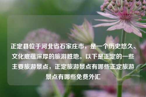 正定县位于河北省石家庄市，是一个历史悠久、文化底蕴深厚的旅游胜地。以下是正定的一些主要旅游景点，正定旅游景点有哪些正定旅游景点有哪些免费外汇