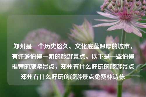 郑州是一个历史悠久、文化底蕴深厚的城市，有许多值得一游的旅游景点。以下是一些值得推荐的旅游景点，郑州有什么好玩的旅游景点郑州有什么好玩的旅游景点免费林诗栋