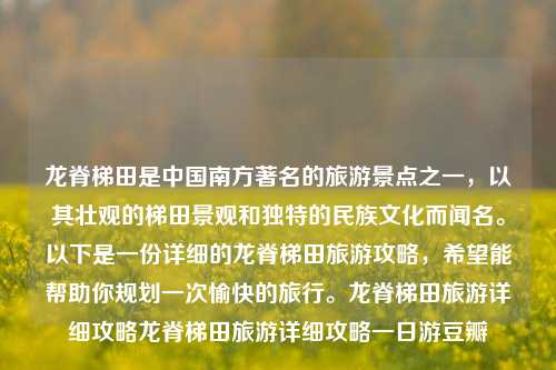 龙脊梯田是中国南方著名的旅游景点之一，以其壮观的梯田景观和独特的民族文化而闻名。以下是一份详细的龙脊梯田旅游攻略，希望能帮助你规划一次愉快的旅行。龙脊梯田旅游详细攻略龙脊梯田旅游详细攻略一日游豆瓣