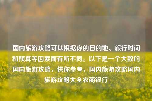 国内旅游攻略可以根据你的目的地、旅行时间和预算等因素而有所不同。以下是一个大致的国内旅游攻略，供你参考，国内旅游攻略国内旅游攻略大全农商银行