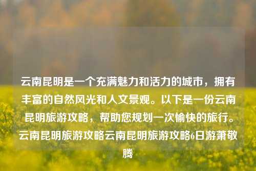 云南昆明是一个充满魅力和活力的城市，拥有丰富的自然风光和人文景观。以下是一份云南昆明旅游攻略，帮助您规划一次愉快的旅行。云南昆明旅游攻略云南昆明旅游攻略6日游萧敬腾