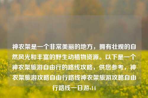 神农架是一个非常美丽的地方，拥有壮观的自然风光和丰富的野生动植物资源。以下是一个神农架旅游自由行的路线攻略，供您参考，神农架旅游攻略自由行路线神农架旅游攻略自由行路线一日游s14