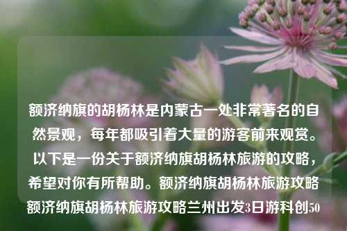 额济纳旗的胡杨林是内蒙古一处非常著名的自然景观，每年都吸引着大量的游客前来观赏。以下是一份关于额济纳旗胡杨林旅游的攻略，希望对你有所帮助。额济纳旗胡杨林旅游攻略额济纳旗胡杨林旅游攻略兰州出发3日游科创50