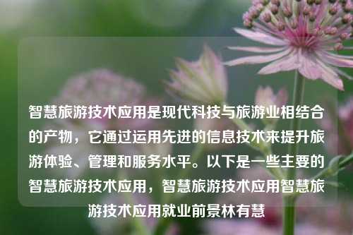 智慧旅游技术应用是现代科技与旅游业相结合的产物，它通过运用先进的信息技术来提升旅游体验、管理和服务水平。以下是一些主要的智慧旅游技术应用，智慧旅游技术应用智慧旅游技术应用就业前景林有慧