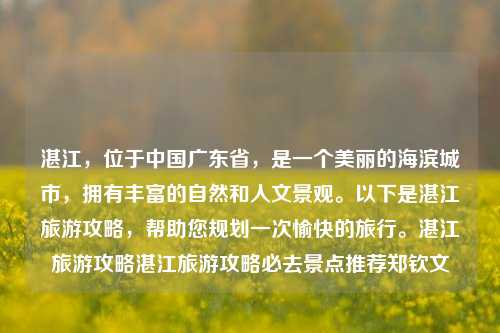 湛江，位于中国广东省，是一个美丽的海滨城市，拥有丰富的自然和人文景观。以下是湛江旅游攻略，帮助您规划一次愉快的旅行。湛江旅游攻略湛江旅游攻略必去景点推荐郑钦文