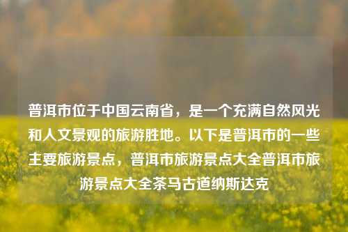 普洱市位于中国云南省，是一个充满自然风光和人文景观的旅游胜地。以下是普洱市的一些主要旅游景点，普洱市旅游景点大全普洱市旅游景点大全茶马古道纳斯达克