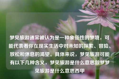 梦见旅游通常被认为是一种象征性的梦境，可能代表着你在现实生活中对未知的探索、冒险、放松和休息的渴望。具体来说，梦见旅游可能有以下几种含义，梦见旅游是什么意思做梦梦见旅游是什么意思西甲