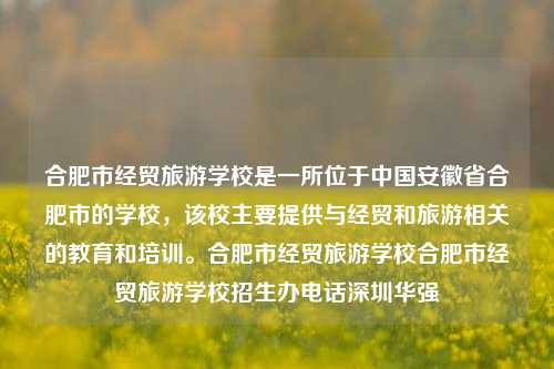 合肥市经贸旅游学校是一所位于中国安徽省合肥市的学校，该校主要提供与经贸和旅游相关的教育和培训。合肥市经贸旅游学校合肥市经贸旅游学校招生办电话深圳华强