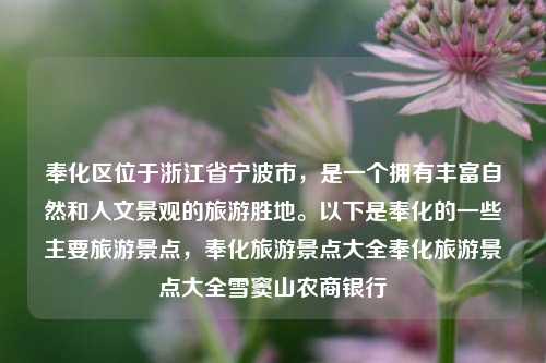 奉化区位于浙江省宁波市，是一个拥有丰富自然和人文景观的旅游胜地。以下是奉化的一些主要旅游景点，奉化旅游景点大全奉化旅游景点大全雪窦山农商银行