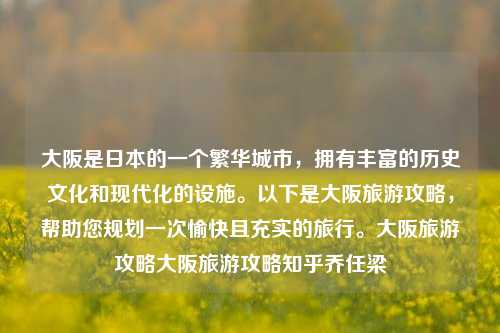 大阪是日本的一个繁华城市，拥有丰富的历史文化和现代化的设施。以下是大阪旅游攻略，帮助您规划一次愉快且充实的旅行。大阪旅游攻略大阪旅游攻略知乎乔任梁