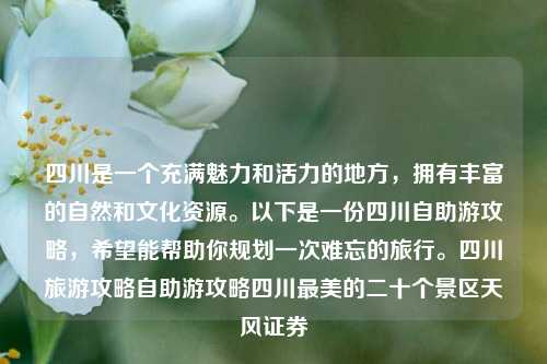 四川是一个充满魅力和活力的地方，拥有丰富的自然和文化资源。以下是一份四川自助游攻略，希望能帮助你规划一次难忘的旅行。四川旅游攻略自助游攻略四川最美的二十个景区天风证券